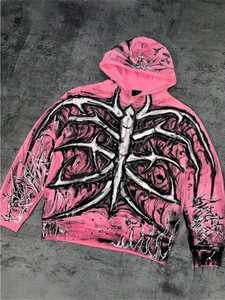 Sweat à capuche oversize streetwear en molleton de coton épais noir délavé, imprimé graphique crâne flamboyant rose de haute qualité, vente en gros - Product Image 5