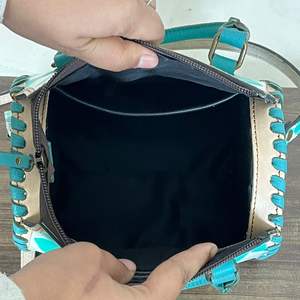 Stylish Turquoise & White Checkered Design Small Speedy Hand Tooled <b>Leather</b> <b>Travel</b> <b>Bag</b> Western Compact Size Crossbody Duffel <b>Bag</b> - Product Image 6