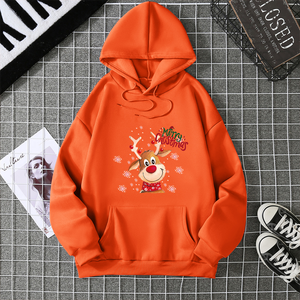 Christmas Reindeer Printed Hooded Sweatshirt Unisex Cotton Casual Winter Hoodie With Front Pocket Regular Fit - Product Image 3