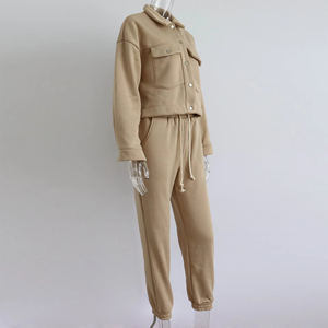Women's <b>White</b> Cotton <b>Tracksuit</b> Set Casual Loose Fit Full Length Jogger Pants With Drawstring And Button Up Jacket Spring Wear - Product Image 4