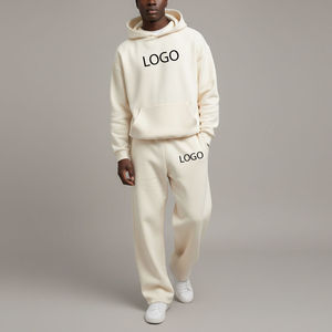 Ensemble de survêtement à capuche pour homme, couleur crème, manches longues, couleur unie, sweat-shirt décontracté, pantalon, coupe régulière, respirant, 100% coton, automne - Product Image 1
