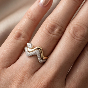 Geometric Wavy Two Tone <b>Ring</b> Premium Curved Solitaire Guard Band <b>Set</b> High Quality Modern Luxury Fine Women Jewelry - Product Image 1