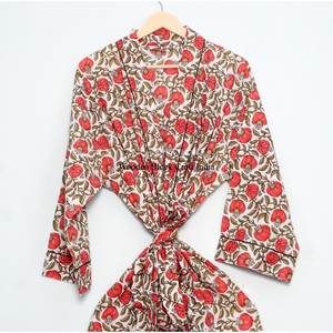 Magnifique kimono long en coton imprimé à la main avec ceinture à nouer pour la nuit, robe de chambre pour femmes, imprimé floral - Product Image 3