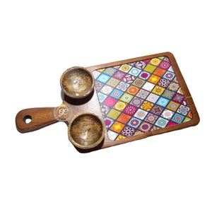 Juego de plato de aperitivo rectangular de diseño clásico hecho a mano de madera de acacia con tazón para servir y bandeja de inmersión para uso en fiestas - Product Image 1