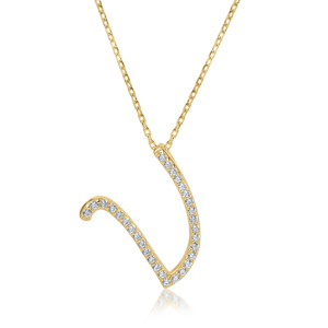 Collar con Colgante de Letra V en Oro Amarillo y Diamantes, Corte Brillante Redondo, Minimalista, Cadena de Caja para Mujer, Uso Diario - Product Image 1