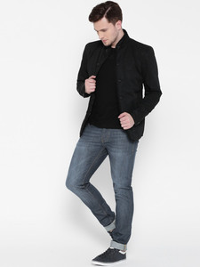 <b>Men's</b> Black Stand Collar Shirt <b>Jacket</b> Solid Color Single Breasted Slim Fit Polyester Material Autumn Wear <b>Smart</b> Casual Style - Product Image 4