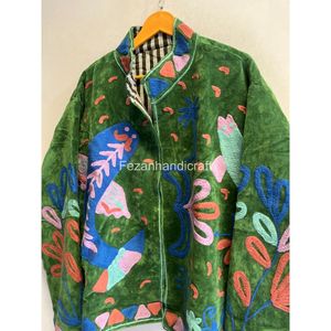 เสื้อแจ็คเก็ตผู้หญิงผ้าฝ้ายปักลายปลาสีเขียว คอจีน แขนยาว สไตล์โบโฮชิคสำหรับฤดูใบไม้ผลิ - Product Image 2
