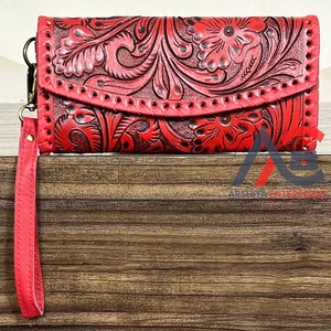 2026 Retro Boutique Collection Red full Tooled Cow Leather Clutch Wallet for Women Bohemian Floral Card Wallet <b>Wristlet</b> Purse - Product Image 1