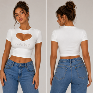 Women Heart Cut Out <b>Crop</b> <b>Top</b> With <b>Rhinestone</b> Letter Slim Fit Short Sleeve Y2K Fashion T Shirt - Product Image 5