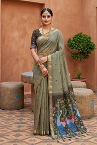 Sari traditionnel en coton avec tissage à motif paon pour femmes, idéal pour les mariages et les festivals, style indien - Product Image 3