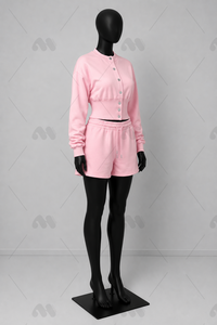 Ensemble de survêtement en coton tricoté rose pour femme, broderie machine, haut à manches longues boutonné, short décontracté, couleur unie, séchage rapide - Product Image 3