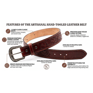 เข็มขัดหนังแท้ลายดอกไม้และลายตะวันตกแบบทำมือ งานฝีมือประณีต ทนทาน ขายส่ง - Product Image 6