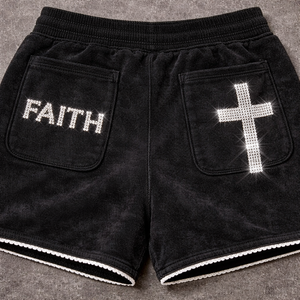 OEM Service Wholesale Distress Rhinestone Acid Wash Custom Jesus Design Men <b>Canvas</b> Shorts New Arrival Private Label Black - Product Image 4