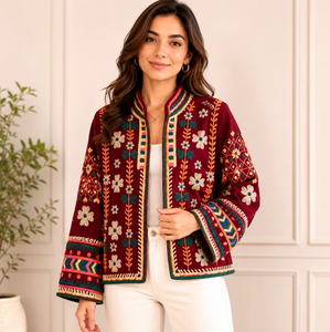 Blouson Bomber en Velours Tricoté Matelassé Brodé Suzani, Fait Main, Motif Floral Bohème, Manches Longues, Style Tendance, Éco-Responsable, Automne - Product Image 2