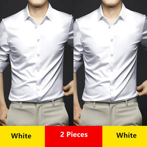 Chemises habillées sociales de luxe pour hommes printemps automne lisse doux résistant aux rides Non-fer couleur unie décontracté glace soie tache mariage - Product Image 6