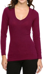 Top qualité pur coton simple jersey 30/1 150Gsm col en V profond exclusif formel femmes à manches longues col en v T-Shirt - Product Image 5