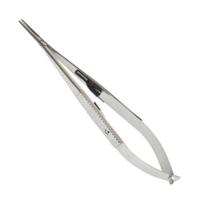 Portaagujas Castroviejo de 5 1/2 Pulgadas Recto con Retenedor, Instrumento de Sutura Microquirúrgica de Acero Inoxidable Liso - Product Image 1