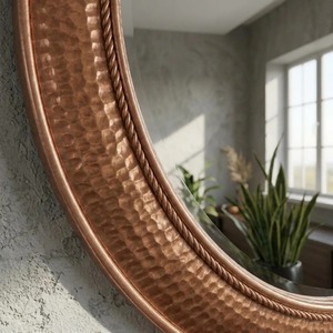 REHMAN Handmade Contemporary Hammered Wood <b>Round</b> Wall <b>Mirror</b> with Crystal Glass - Product Image 5
