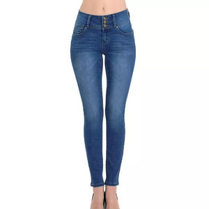 Pantalones de mezclilla ajustados de cintura alta con cierre de botones, azul liso, estilo casual, largos, de punto, de algodón y elastano, pantalones lápiz para mujer - Product Image 5