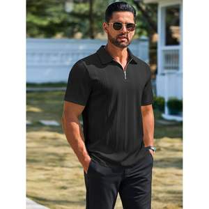2025 hommes sombre quart fermeture éclair pour polos brodés Golf hauts motif solide haut tricot texturé décontracté à manches courtes chemise - Product Image 1