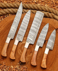 Coffret de 5 couteaux de chef LEGACY BLADES en acier Damas, manche en bois fait main, couverts de cuisine professionnels, fabricant OEM - Product Image 1