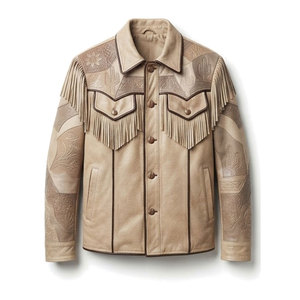 Classic <b>Western</b> Leather <b>Jacket</b> For Men With Fringe Accents And Detailed Embossing For Casual Outfits Travel And Weekend Wear - Product Image 1