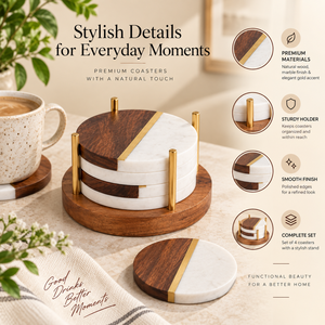 Marble Wood <b>Coaster</b> <b>Set</b> of 4 with Holder for Tea Coffee Cups | Round Drink Mats with Brass Accent for Home Table Decor and Gifts - Product Image 3