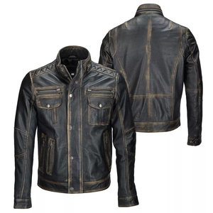 Chaqueta de Motero de Cuero Genuino para Hombre, Estilo Biker, en Negro, Cuero de Cordero Desgastado - Product Image 1