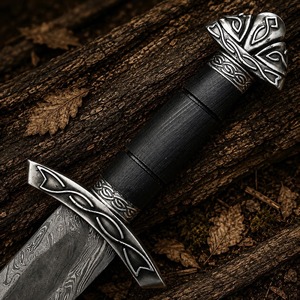Couteau Bowie en acier Damas de 28 pouces, lame fixe de qualité industrielle à pointe clip et bord droit, avec étui noir et incrustation argentée - Product Image 6