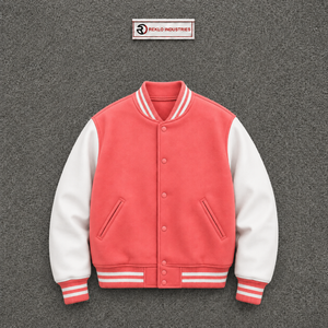 PREMIUM <b>CORAL</b> PINK LETTERMAN VARSITY <b>JACKET</b> FOR MEN Regular Fit Turn-down Collar Single Breasted Casual Autumn Wear PREMIUM STRE - Product Image 5