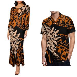 Blusa Morada para Hombre con Elegante Estampado Tropical Dorado, Conjunto de Pareja con Diseño Tribal Polinesio - Product Image 5