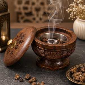 Luxury Wooden Mabkhara <b>Oud</b> Burner with Floral Carving Brass Bowl Ramadan Eid Home Decoration <b>Bakhoor</b> for Gifting - Product Image 2