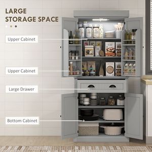 71-Inch Gray <b>Kitchen</b> <b>Pantry</b> Storage Cabinet with LED Lights 6 Door Shelves 1 Drawer 4 Adjustable Shelves - Product Image 4