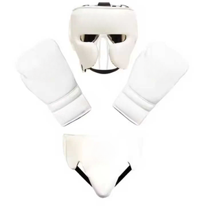 Ensemble de boxe personnalisé avec impression de logo de marque, ensemble de boxe en cuir véritable blanc, ensemble d'entraînement professionnel de kickboxing CP-BHG-04 - Product Image 1