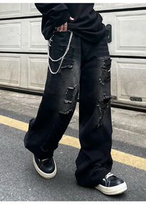 Black Wide Leg Ripped Denim Casual <b>Jeans</b> Pants High Waist Loose Fit Distressed Streetwear Cotton <b>Men</b> s Autumn - Product Image 6