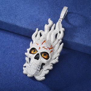 <b>Silver</b> Plated Flame Skull Pendant With Crystal Rhinestones Men's Hip Hop Jewelry Gift - Product Image 3