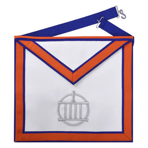 Custom Embroidered Masonic Apron White with Orange and Blue Trim Square Shape <b>Sew</b>-On Badge Classical Style Garment Application - Product Image 1