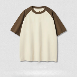Men's Oversized Raglan Sleeve <b>T</b>-<b>Shirt</b> <b>Cream</b> Brown Contrast Color Blocked O-Neck Casual Jersey Knit Cotton Short Sleeve - Product Image 6