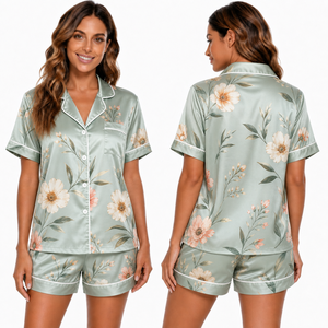 Conjunto de pijama de manga corta a rayas verdes para mujer, ropa de dormir de verano con botones y cuello vuelto en la parte delantera - Product Image 6