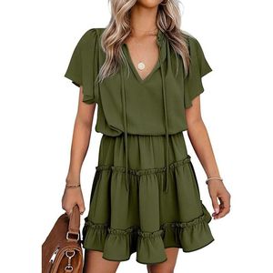 Abito Estivo da Donna in Chiffon Verde Scuro con Scollo a V e Maniche Corte, Vita Impero - Disponibile in Taglia Piccola, Stile Casual - Product Image 1