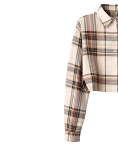 Chemisier court pour femme à carreaux beiges, col rabattu, manches longues, boutonné, style décontracté, personnalisé par le fabricant, fournisseur OEM - Product Image 3