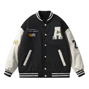 Winter Custom Front Logo Breathable Worsted Fabric Custom Men'<b>s</b> Letterman Real Varsity <b>Jacket</b> Stand Ribbed Collar - Product Image 1
