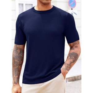 2025 hommes coupe ajustée à manches courtes pull col rond basique pull t-shirt hauts motif imprimé décontracté Stretch cachemire tricot T - Product Image 4