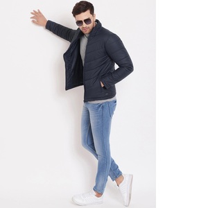 Veste matelassée bleu foncé pour homme, col montant, fermeture éclair sur le devant, coupe-vent, vêtement d'hiver décontracté, couleur unie, coupe classique - Product Image 3