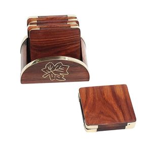 Handmade Wooden Coaster <b>Set</b> with Holder Brass Inlay <b>Square</b> Drink Coasters Rustic Table Decor Gift <b>Set</b> of 6 - Product Image 5