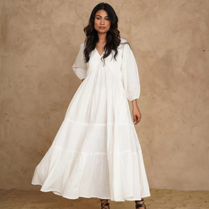 Robe longue d'été élégante pour femmes, coupe ample, col en V, manches longues, style bohème - Product Image 1