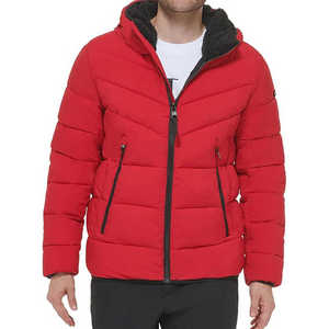 Men's <b>Red</b> <b>Hooded</b> Puffer <b>Jacket</b> Zipper Closure Fleece Lining Windproof Casual Winter Wear Regular Fit Polyester Wadding - Product Image 1