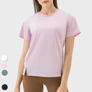 T-shirt à manches courtes col rond pour femme, couleur unie, tricoté, séchage rapide, coupe décontractée, à porter toute l'année - Product Image 1