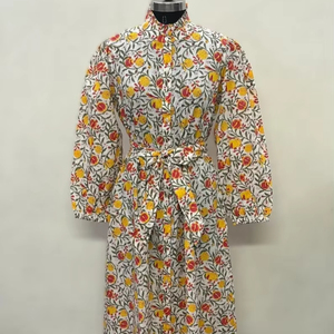 Vestido Midi Casual de Algodón para Mujer, Mangas Abullonadas, Cintura Imperio, Estilo Babydoll, Estampado Floral de Verano, Cuello en V Extra Grande - Product Image 1