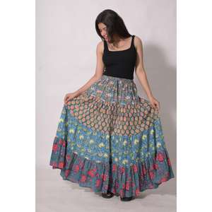 กระโปรงยาวลายดอกพิมพ์บล็อกผ้าฝ้ายแบบแพทช์เวิร์ค ดีไซน์จีบแบบโบโฮ ทำมือ ซักได้ กระโปรงแม็กซี่สไตล์วินเทจสำหรับผู้หญิงอินเดีย - Product Image 4